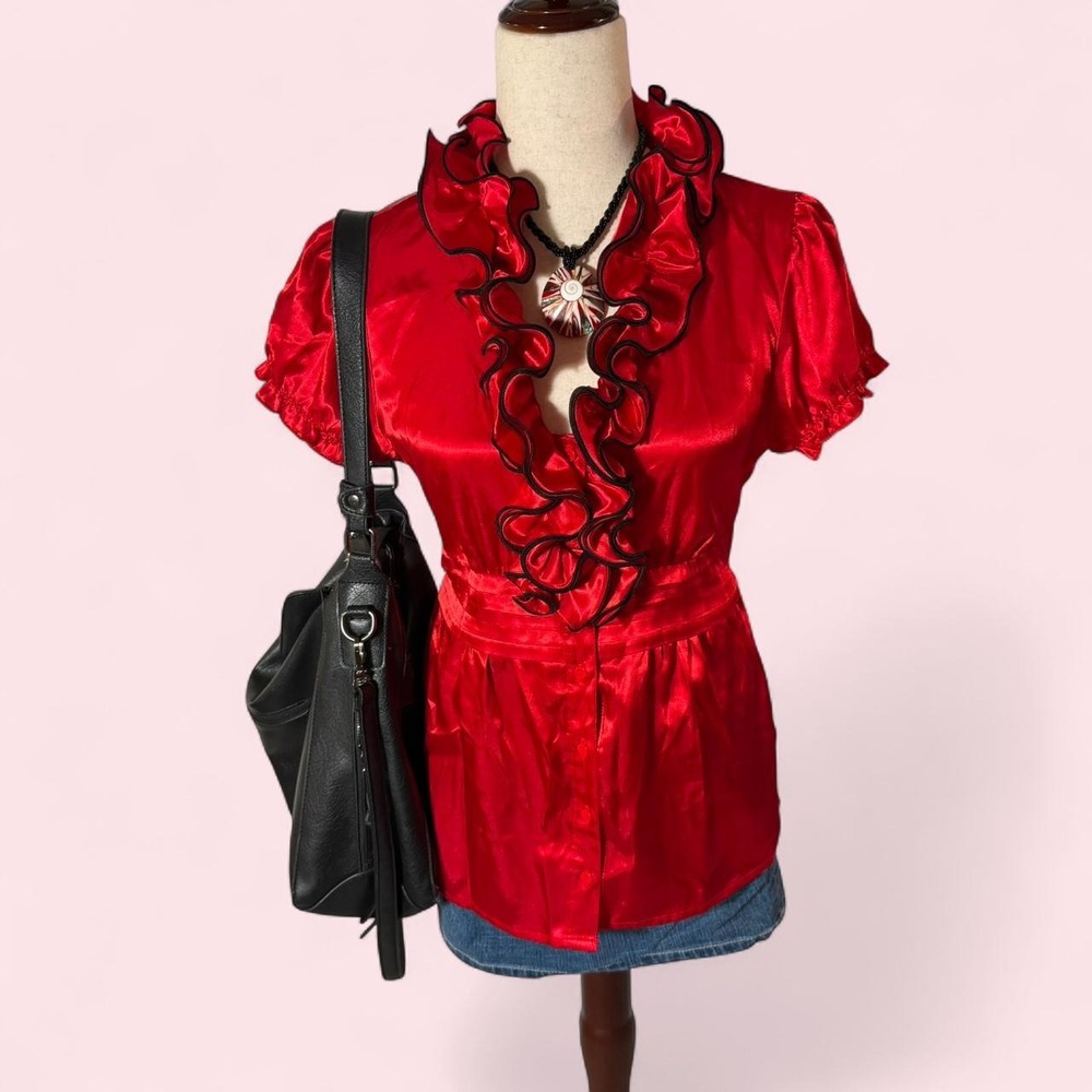 BCX Red Satin Ruffle Pinup Goth tie backs Y2K Top Large office siren indie twee
